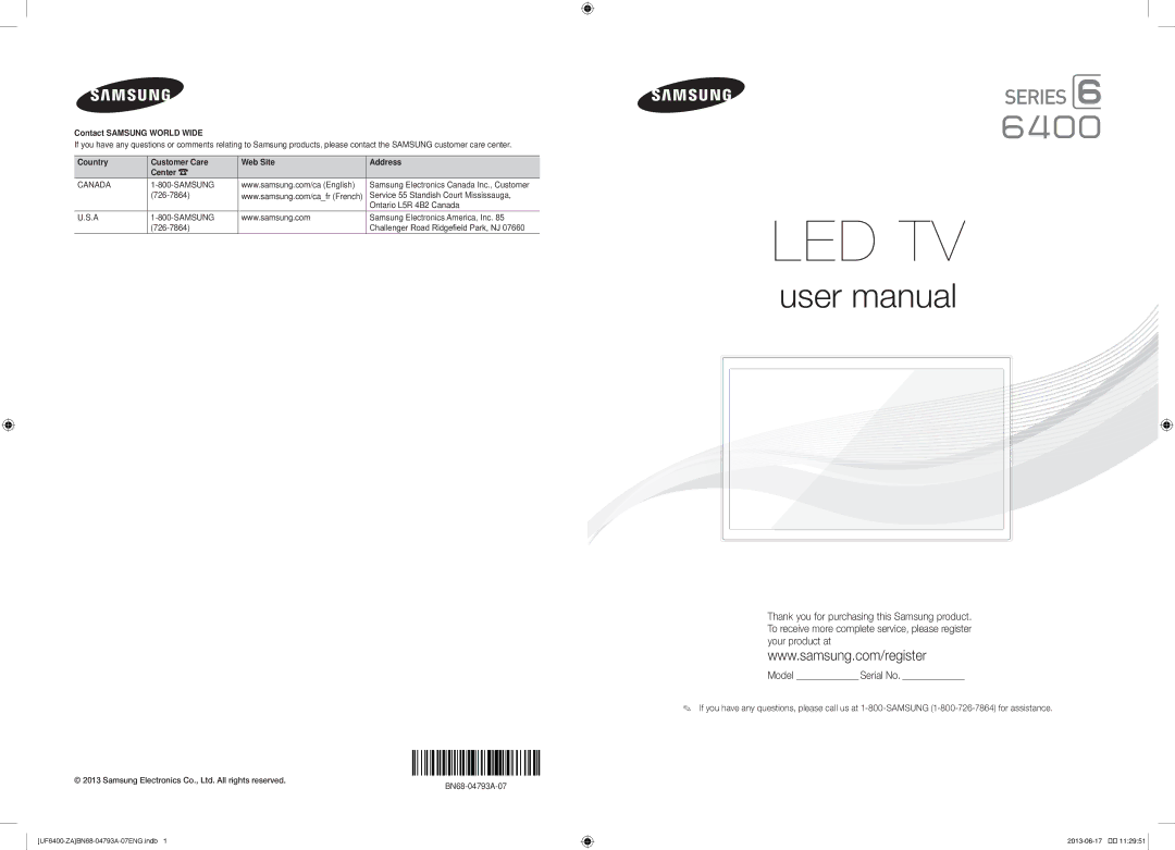 Samsung UN40F6400AF user manual Contact Samsung World Wide, Samsung Electronics Canada Inc., Customer 