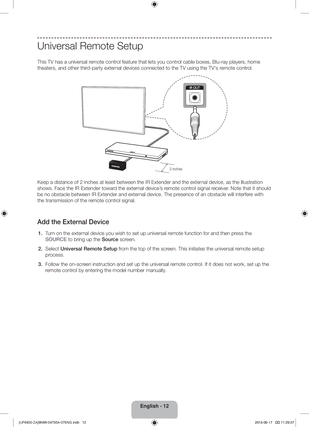 Samsung UN40F6400AF user manual Universal Remote Setup, Add the External Device, Inches 