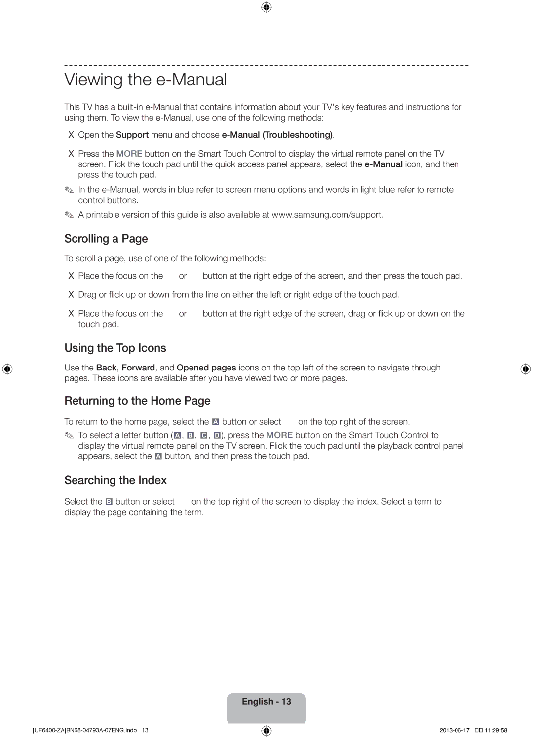 Samsung UN40F6400AF Viewing the e-Manual, Scrolling a, Using the Top Icons, Returning to the Home, Searching the Index 