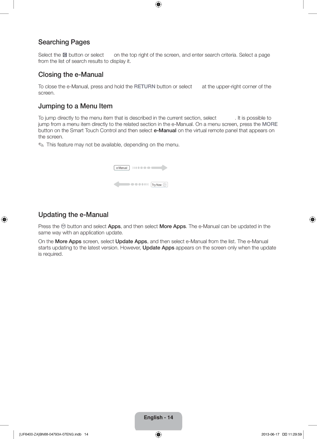 Samsung UN40F6400AF user manual Searching Pages, Closing the e-Manual, Jumping to a Menu Item, Updating the e-Manual 