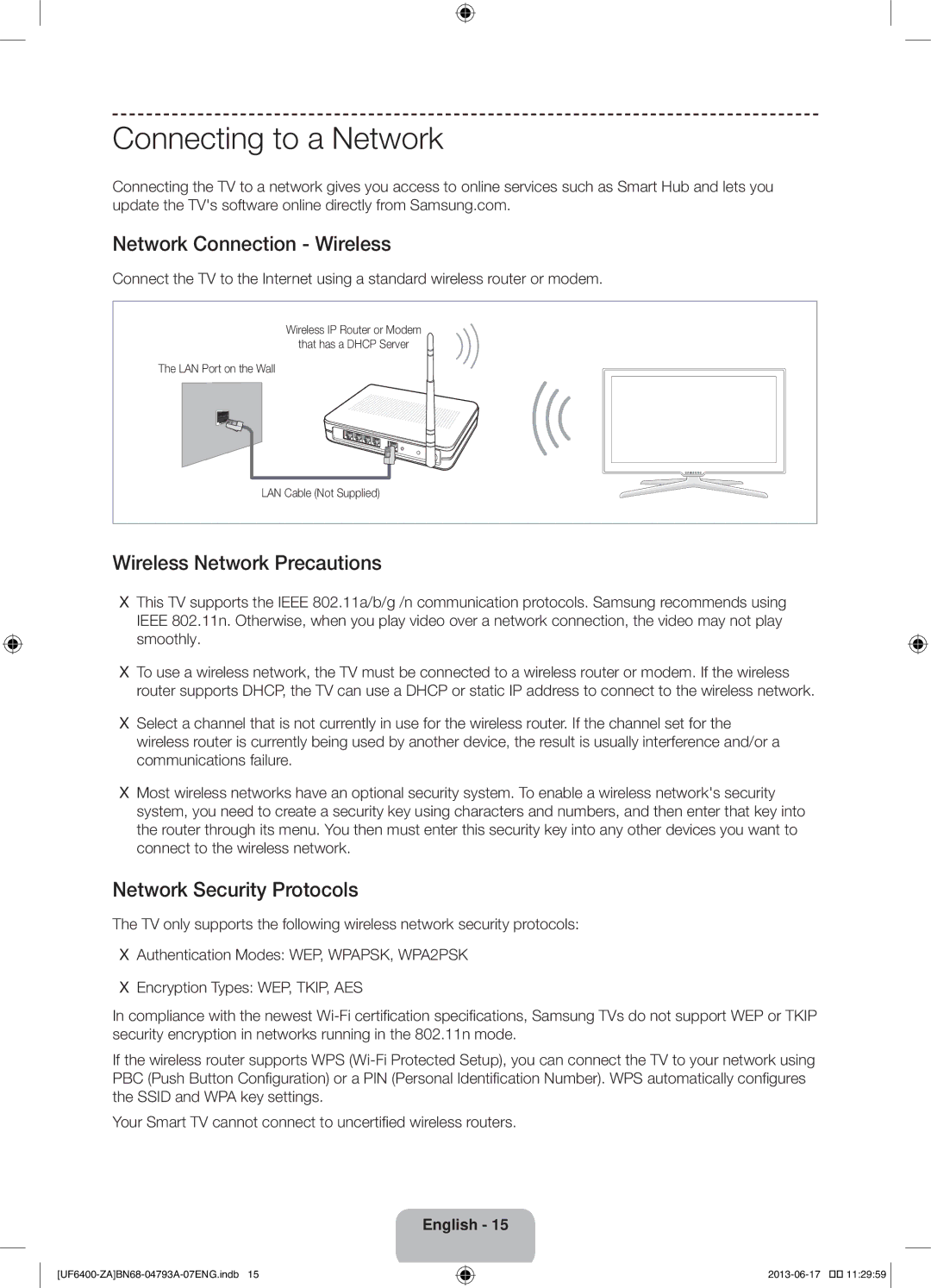 Samsung UN40F6400AF user manual Connecting to a Network, Network Connection Wireless, Wireless Network Precautions 