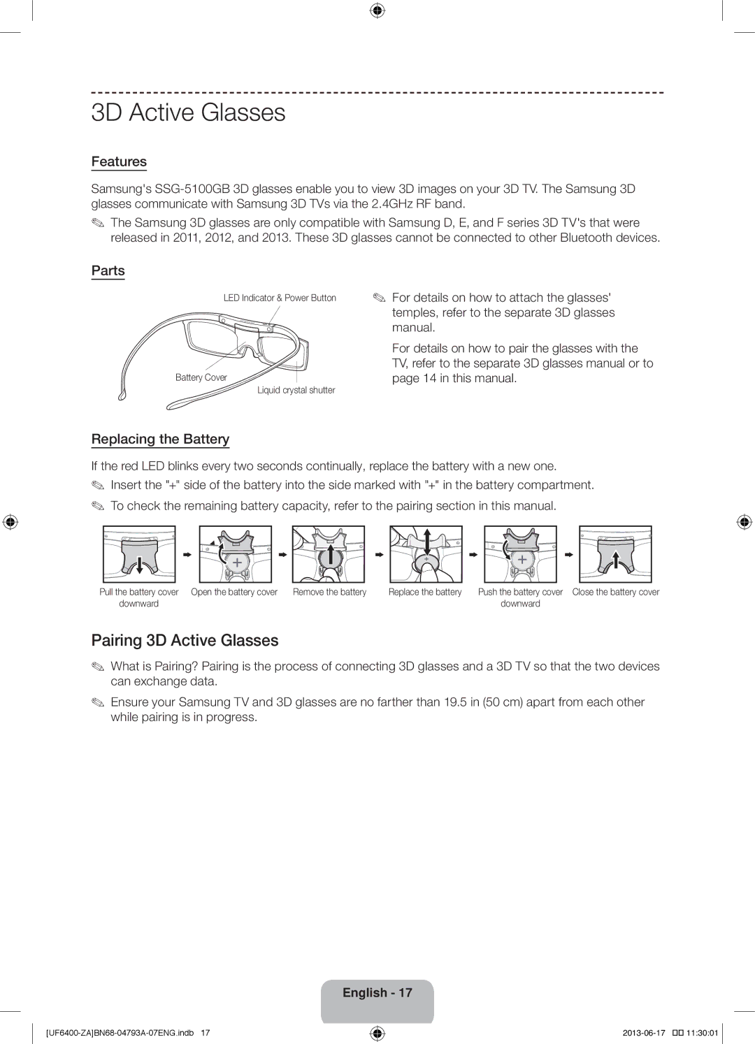 Samsung UN40F6400AF user manual Pairing 3D Active Glasses, Features, Parts, Replacing the Battery 