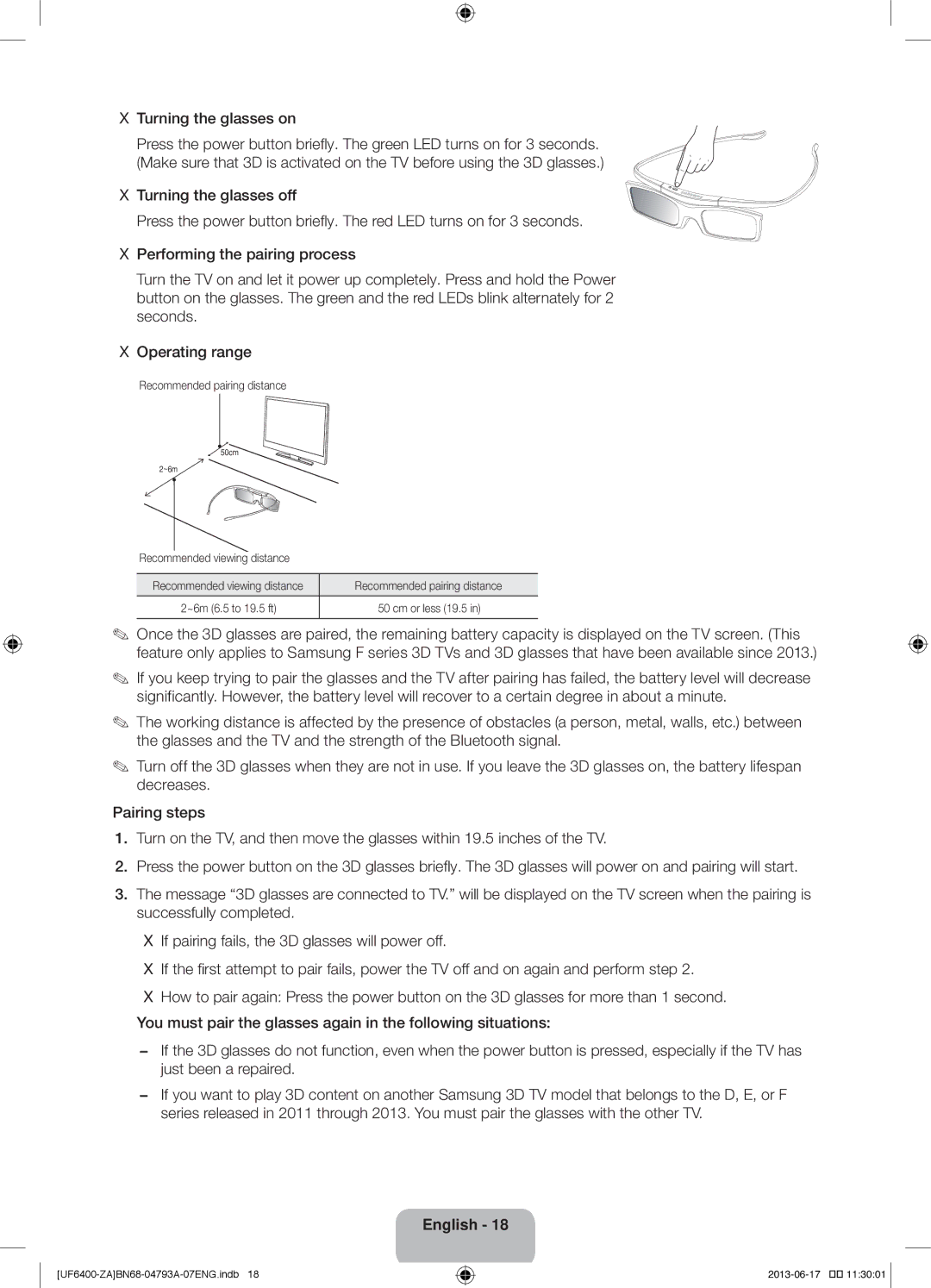 Samsung UN40F6400AF user manual Recommended pairing distance, Recommended viewing distance 