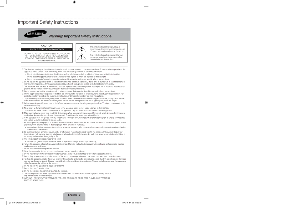 Samsung UN40F6400AF user manual Important Safety Instructions, Risk of Electric Shock do not Open 