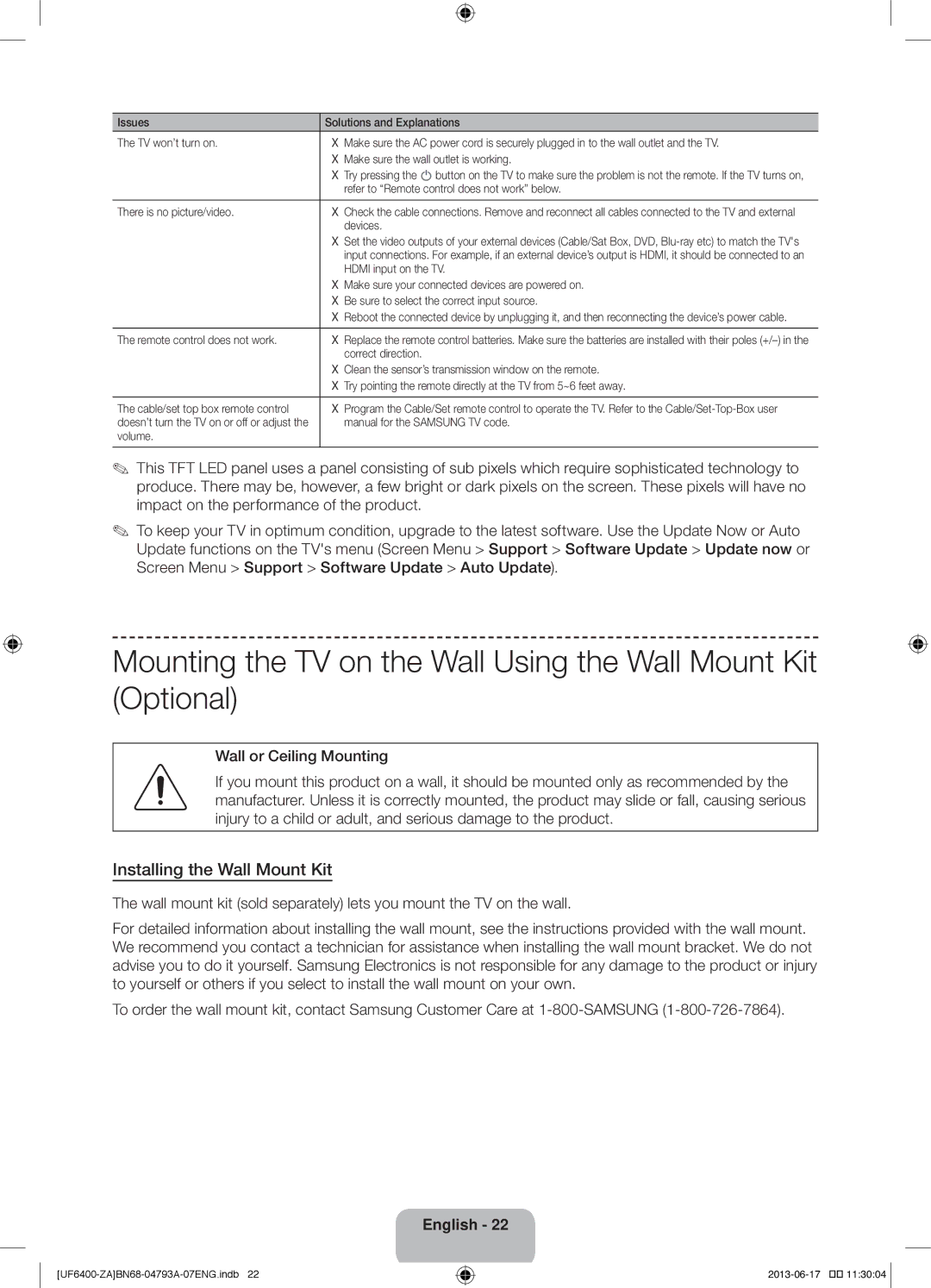 Samsung UN40F6400AF user manual Installing the Wall Mount Kit 