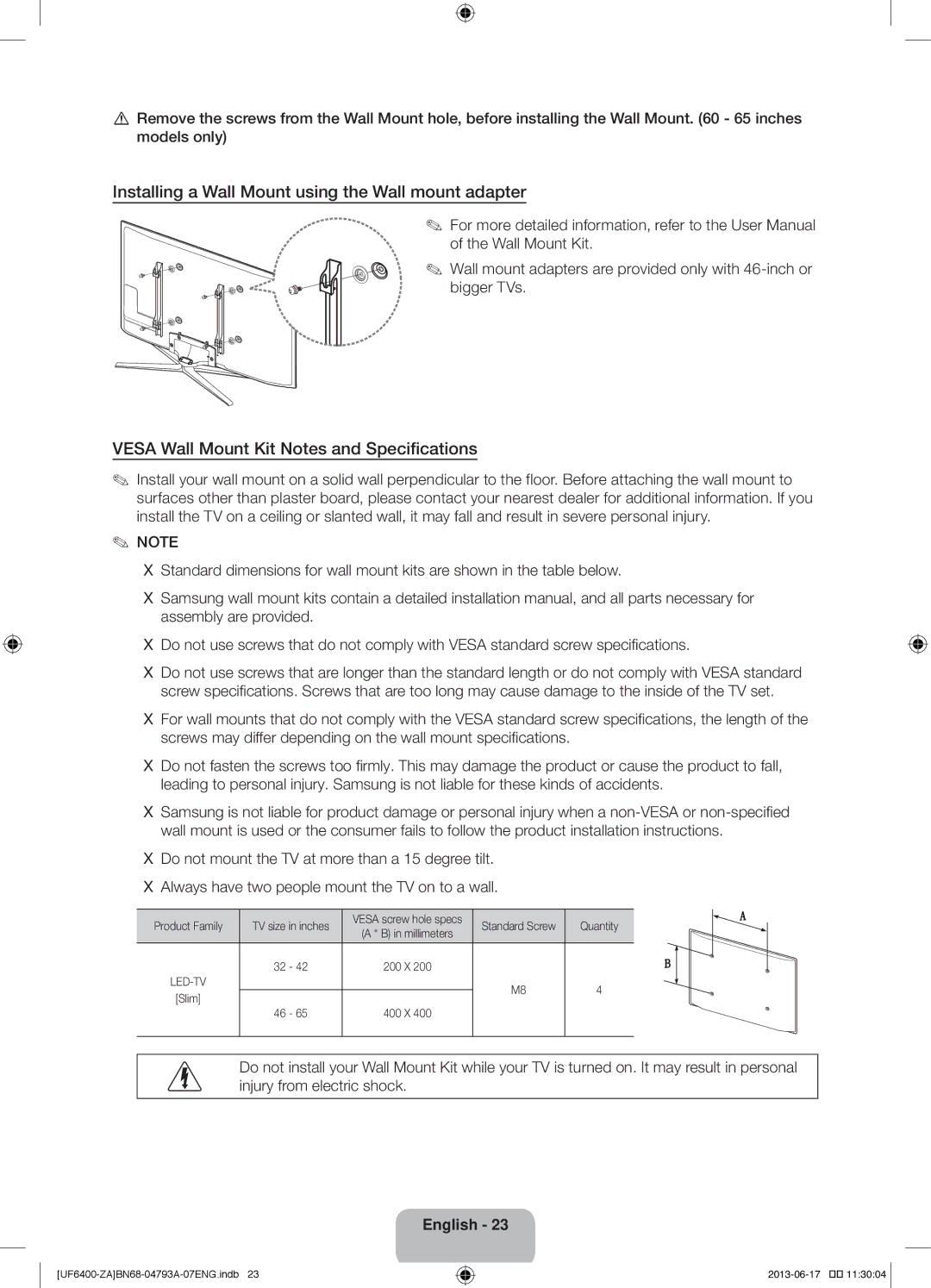 Samsung UN40F6400AF Installing a Wall Mount using the Wall mount adapter, Vesa Wall Mount Kit Notes and Speciﬁcations 