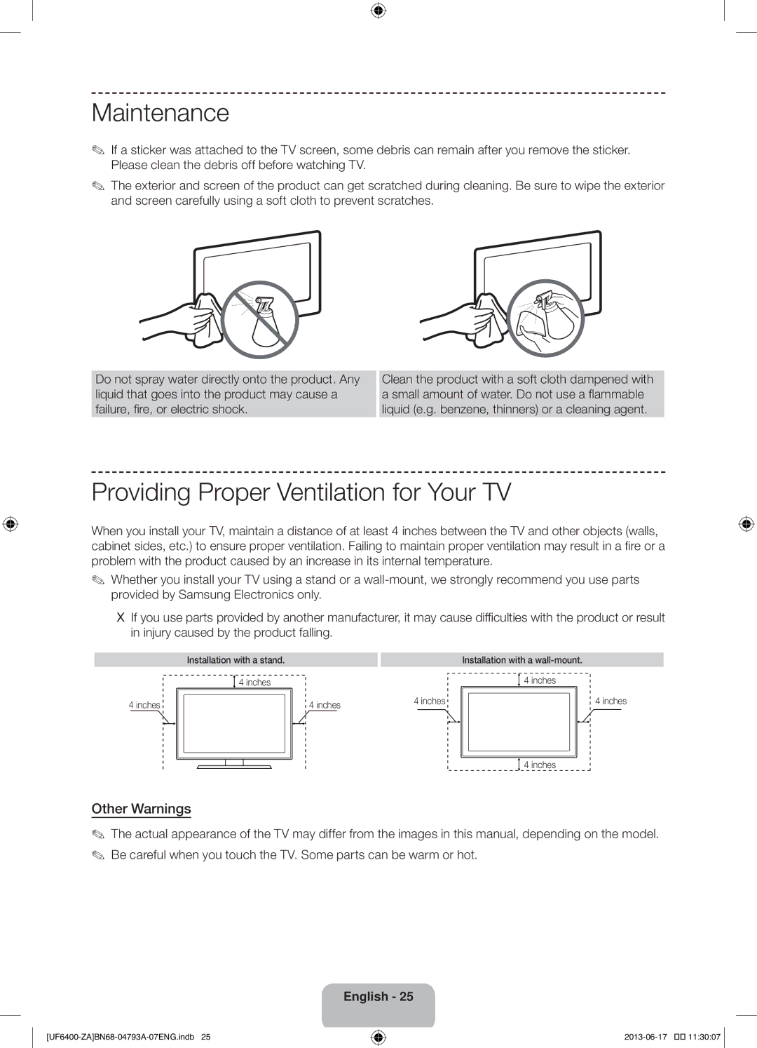 Samsung UN40F6400AF user manual Maintenance, Providing Proper Ventilation for Your TV, Other Warnings 