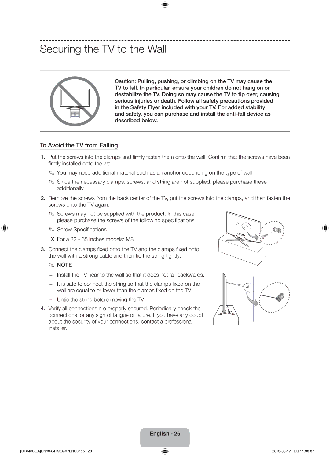 Samsung UN40F6400AF user manual Securing the TV to the Wall, To Avoid the TV from Falling 