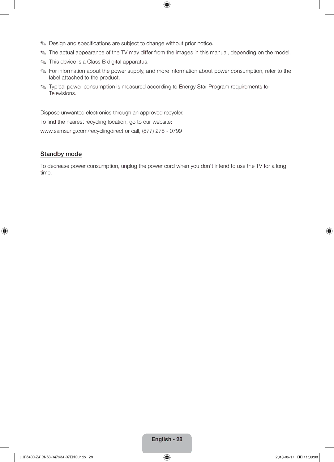 Samsung UN40F6400AF user manual Standby mode 