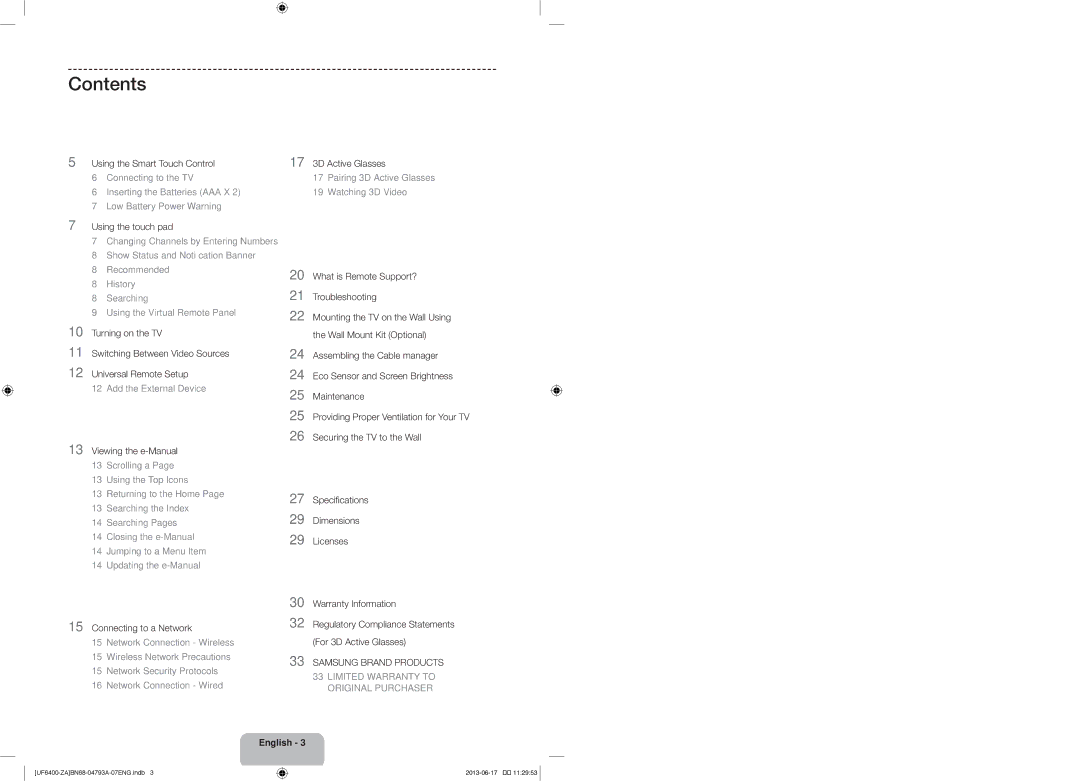 Samsung UN40F6400AF user manual Contents 