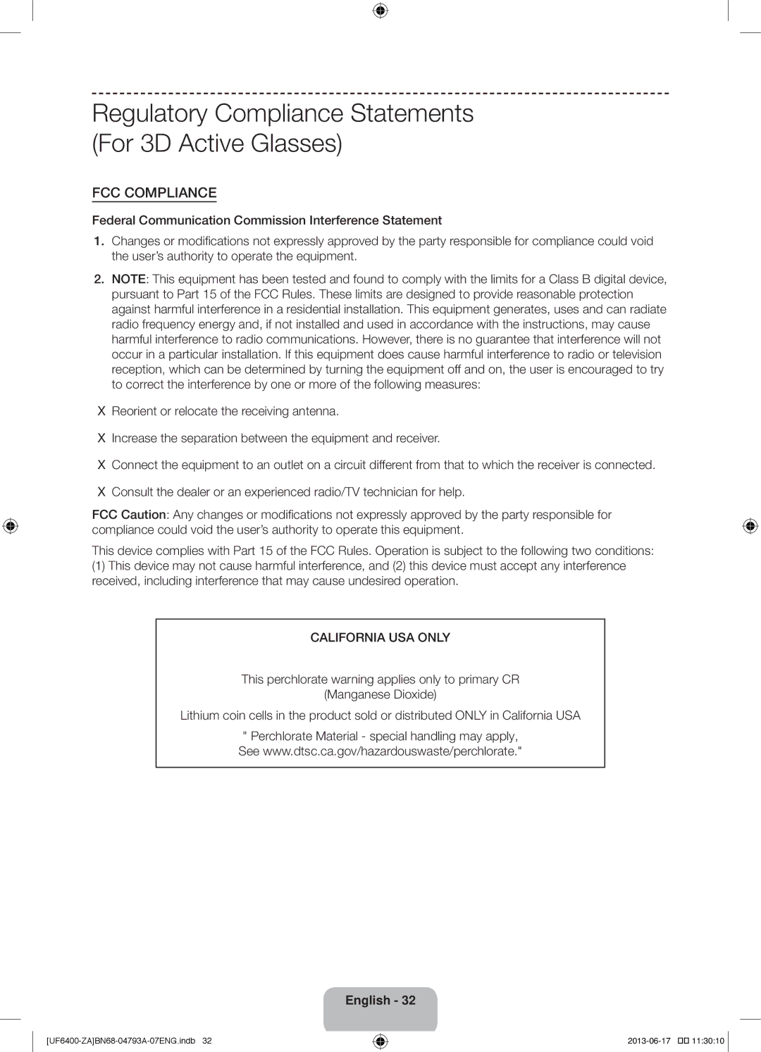 Samsung UN40F6400AF user manual Regulatory Compliance Statements For 3D Active Glasses, FCC Compliance 