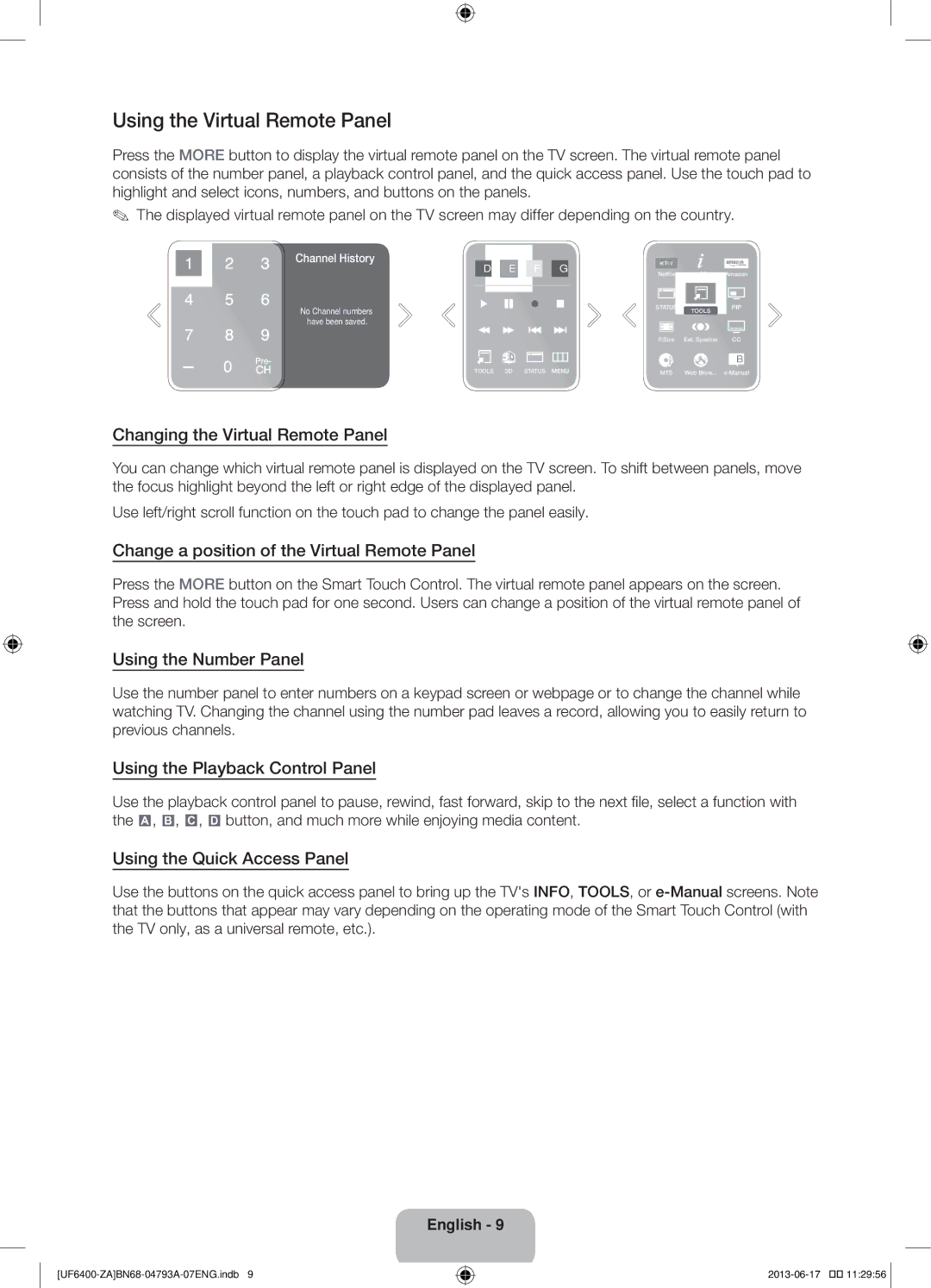 Samsung UN40F6400AF user manual Using the Virtual Remote Panel 