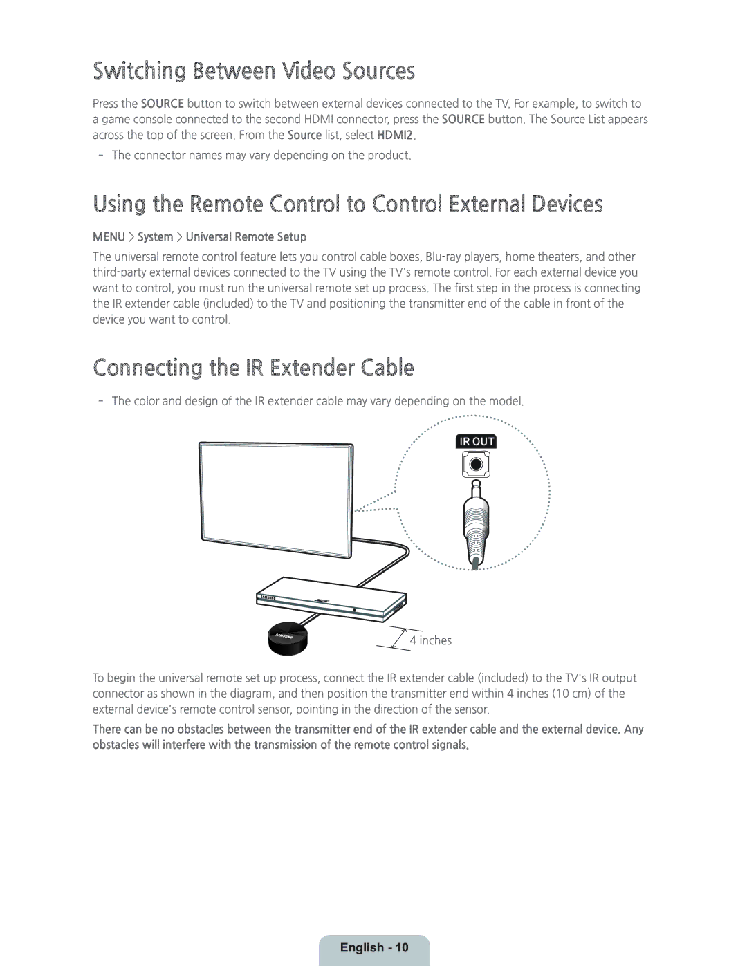 Samsung UN40H5203 manual Switching Between Video Sources, Using the Remote Control to Control External Devices 