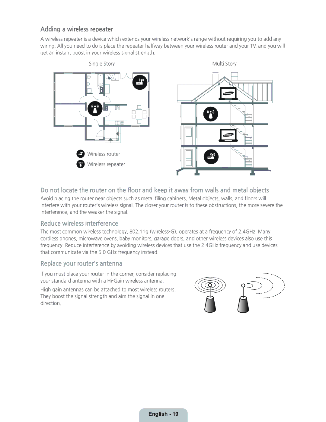 Samsung UN40H5203 manual Adding a wireless repeater, Reduce wireless interference 