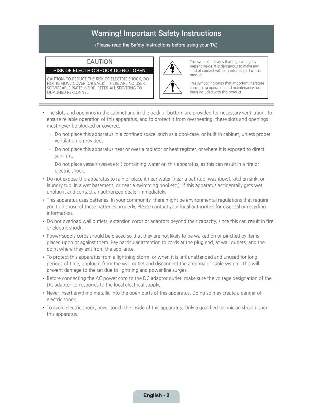 Samsung UN40H5203 manual Risk of Electric Shock do not Open, English 