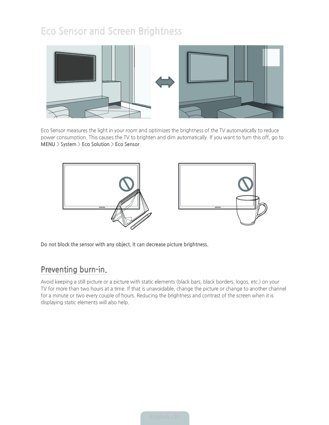 Samsung UN40H5203 manual Eco Sensor and Screen Brightness, Preventing burn-in 