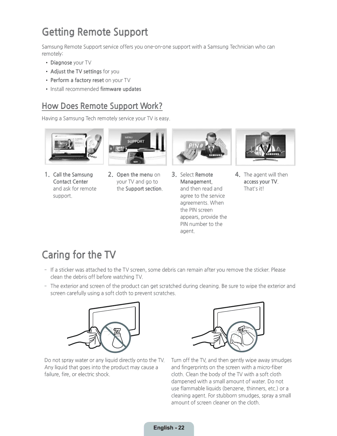 Samsung UN40H5203 manual Getting Remote Support, Caring for the TV, How Does Remote Support Work? 