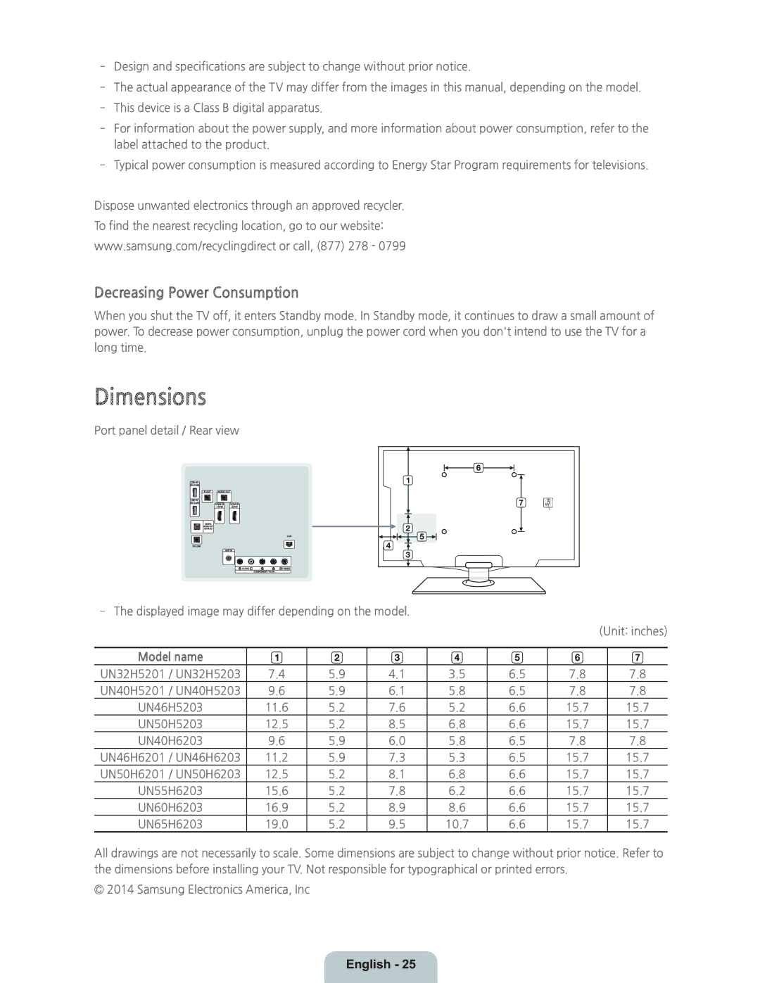 Samsung UN40H5203 manual Dimensions, Decreasing Power Consumption, Model name 