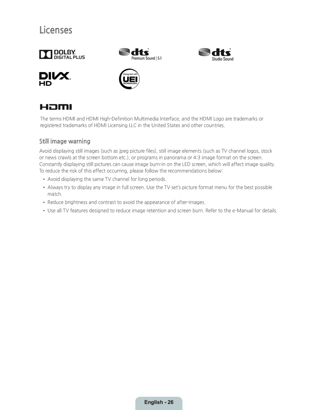 Samsung UN40H5203 manual Licenses, Still image warning 