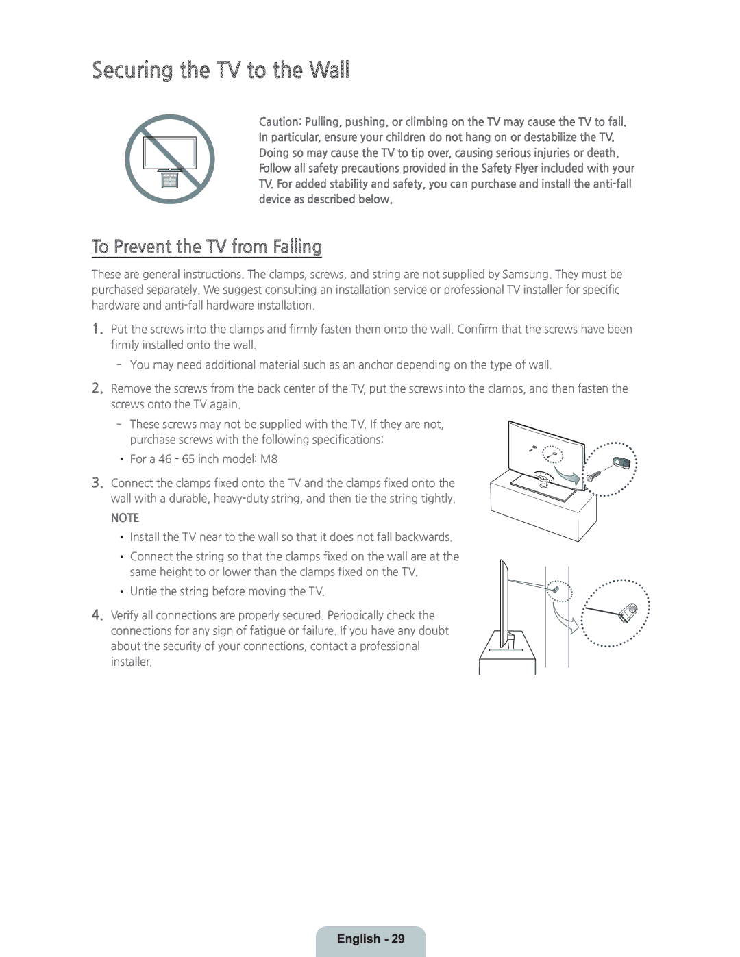 Samsung UN40H5203 manual Securing the TV to the Wall, To Prevent the TV from Falling 