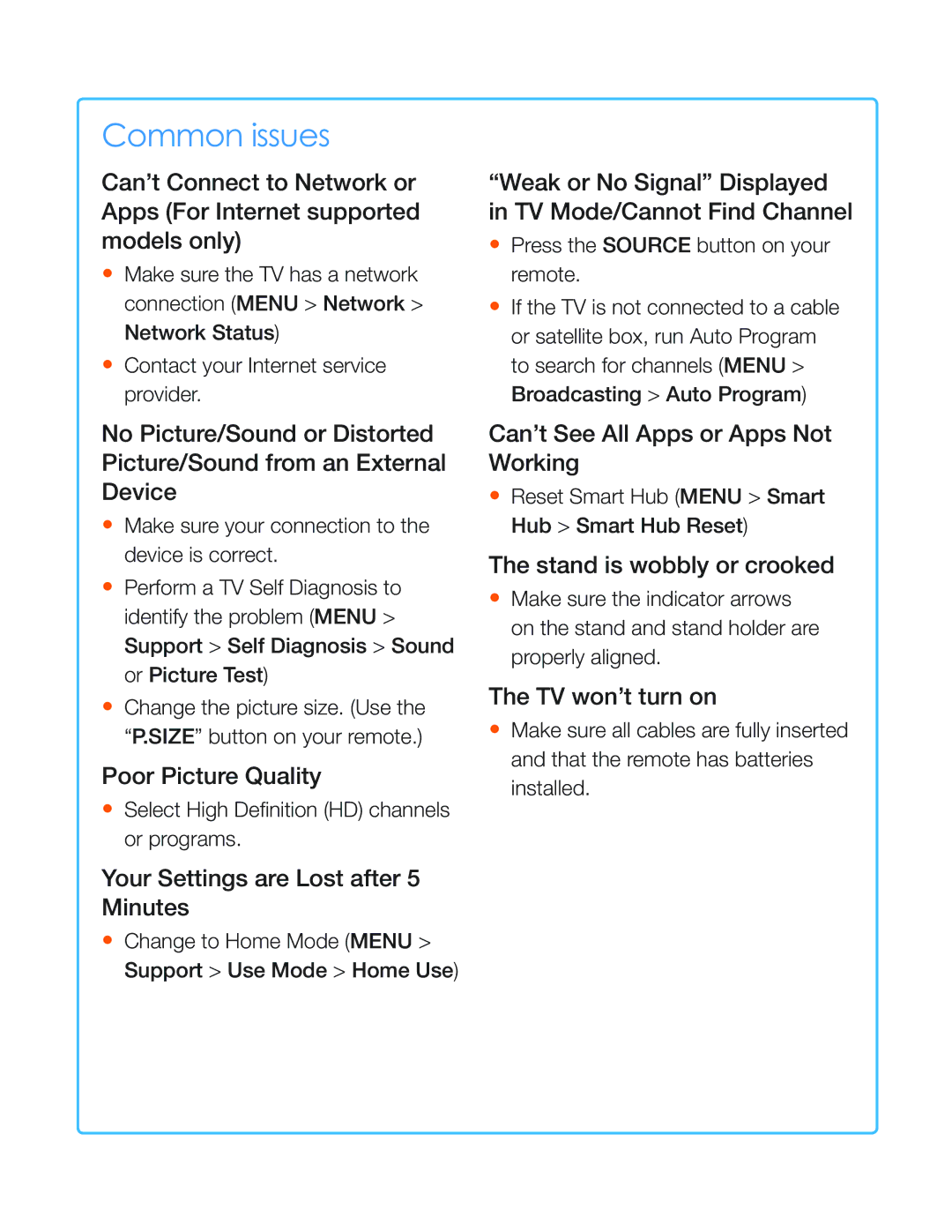 Samsung UN40H5203 manual Common issues 