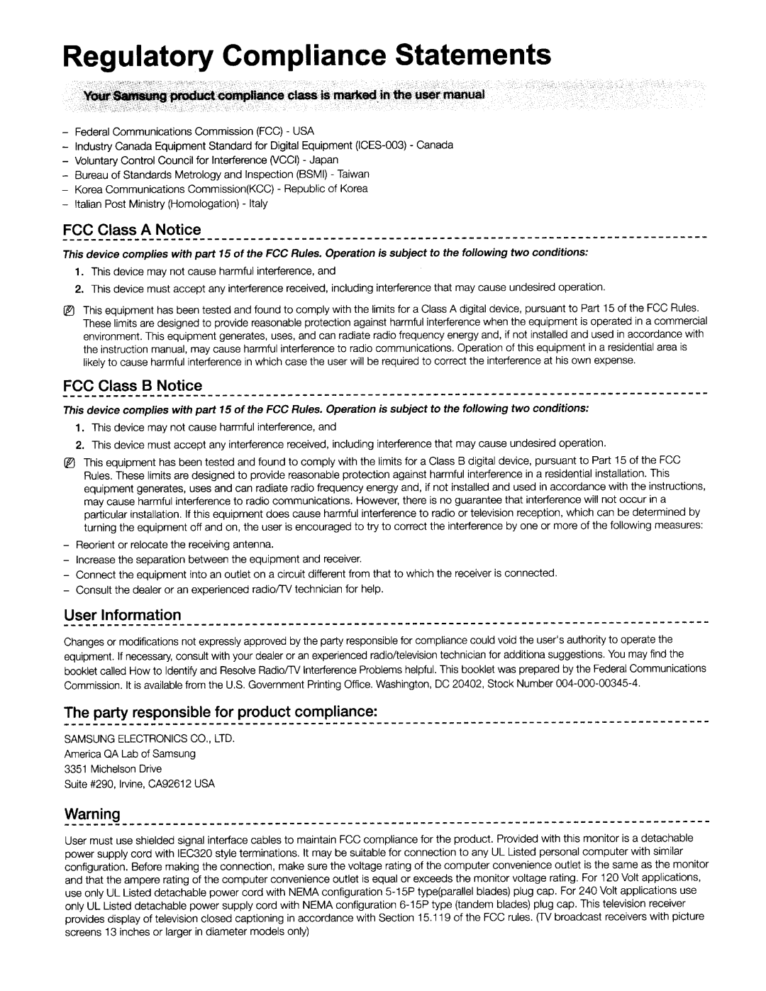 Samsung UN40H5203 manual Regulatory Compliance Statements 