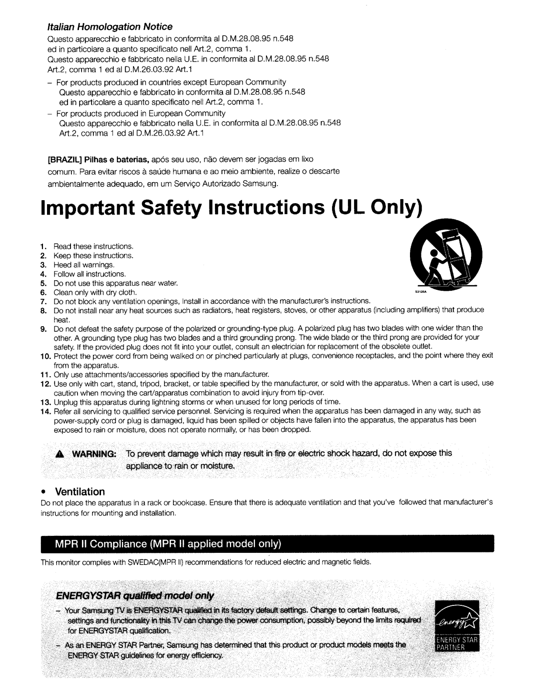 Samsung UN40H5203 manual Important Safety Instructions UL Only 