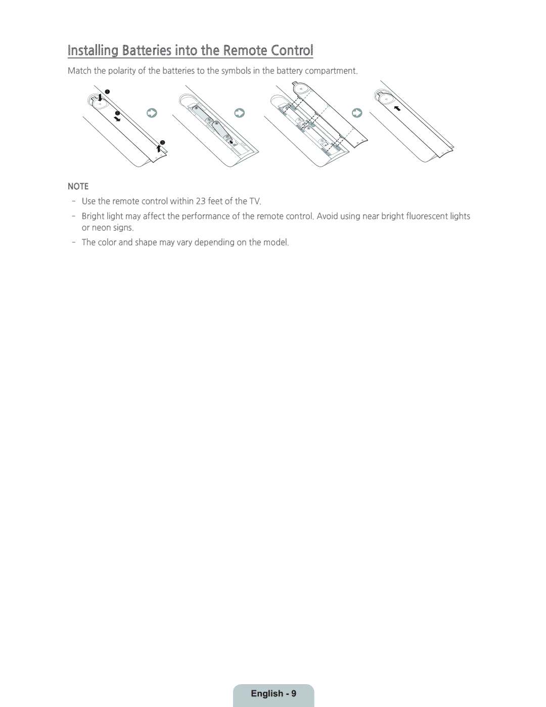 Samsung UN40H5203 manual Installing Batteries into the Remote Control 