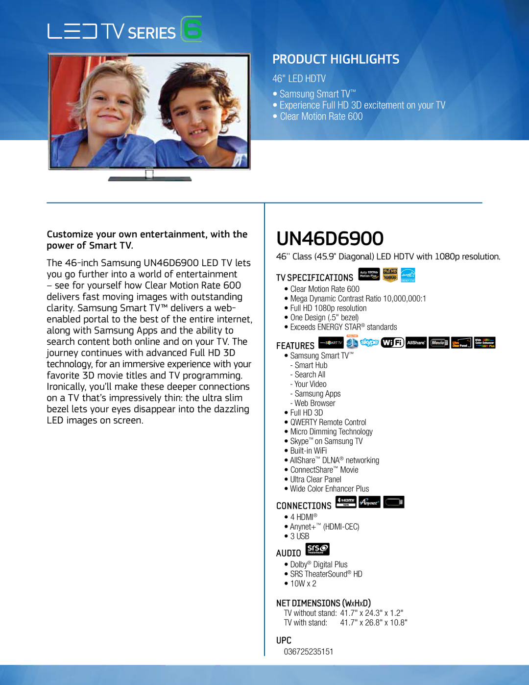 Samsung UN46D6900 specifications TV Specifications, Audio 