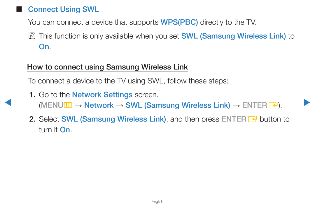 Samsung UN46D8000YFXZA manual Connect Using SWL, Menu m → Network → SWL Samsung Wireless Link → Enter E 