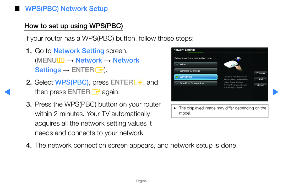 Samsung UN46D8000YFXZA Wpspbc Network Setup, Go to Network Setting screen, MENUm → Network → Network, Settings → Entere 