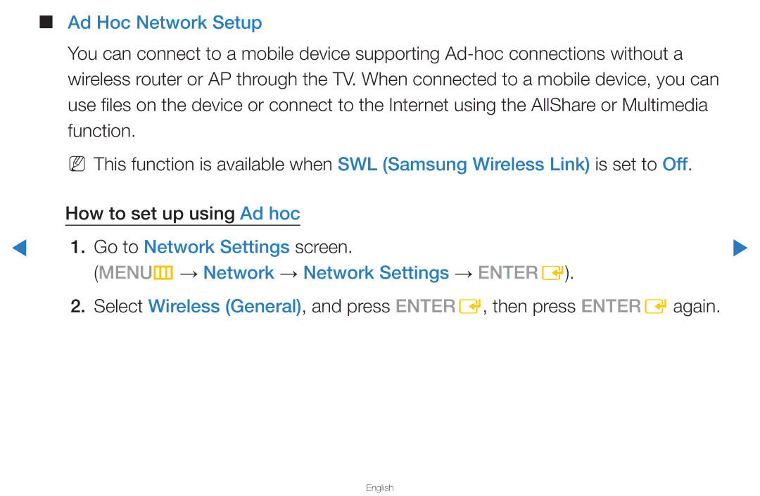 Samsung UN46D8000YFXZA manual Ad Hoc Network Setup 