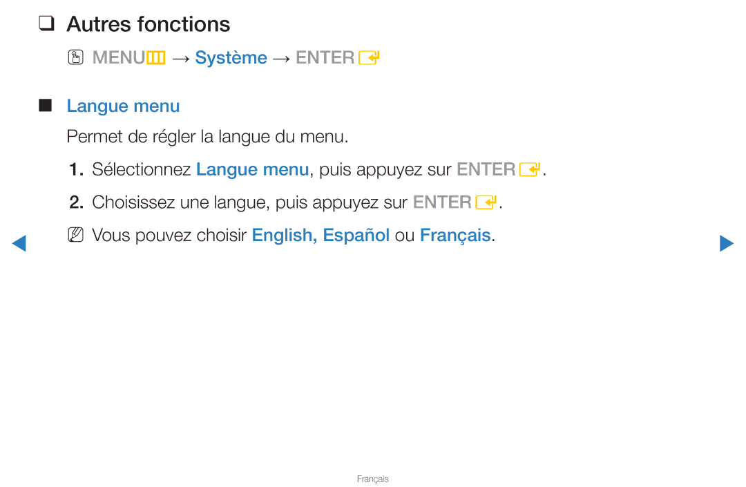 Samsung UN46D8000YFXZA manual Langue menu, NN Vous pouvez choisir English, Español ou Français 