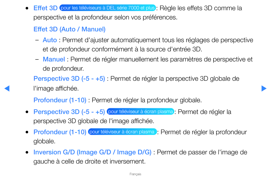 Samsung UN46D8000YFXZA manual Perspective 3D globale de limage affichée 