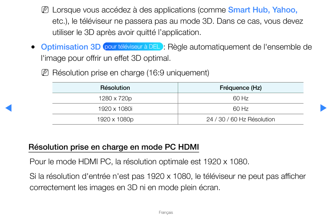 Samsung UN46D8000YFXZA manual NN Résolution prise en charge 169 uniquement 