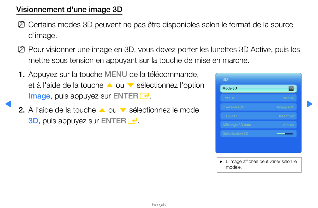 Samsung UN46D8000YFXZA manual Limage affichée peut varier selon le modèle 