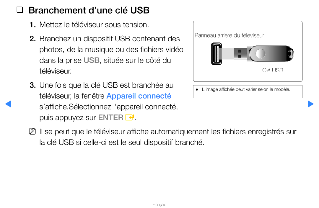 Samsung UN46D8000YFXZA manual Branchement d’une clé USB 