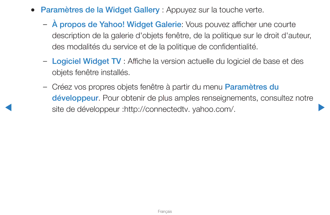 Samsung UN46D8000YFXZA manual Paramètres de la Widget Gallery Appuyez sur la touche verte 