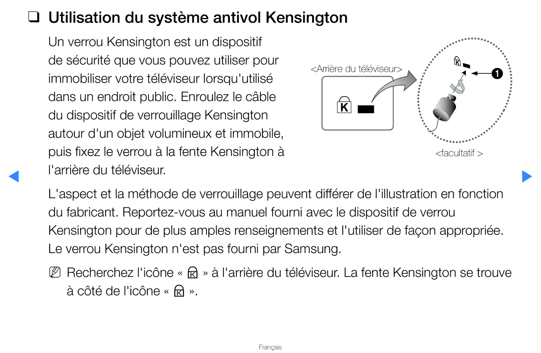 Samsung UN46D8000YFXZA manual Utilisation du système antivol Kensington 