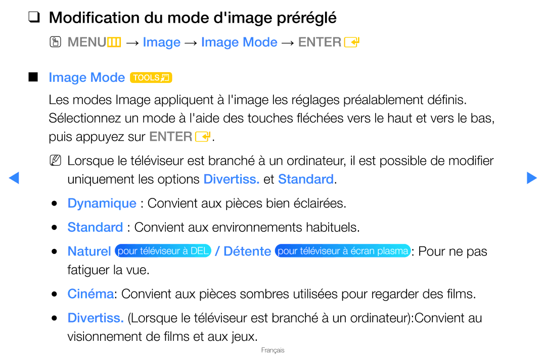 Samsung UN46D8000YFXZA manual Modification du mode dimage préréglé, OO MENUm → Image → Image Mode → Entere Image Mode t 