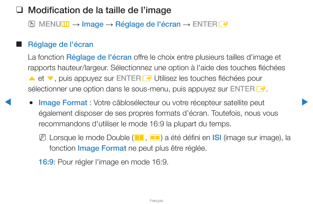 Samsung UN46D8000YFXZA manual Modification de la taille de l’image, OO MENUm → Image → Réglage de lécran → Entere 