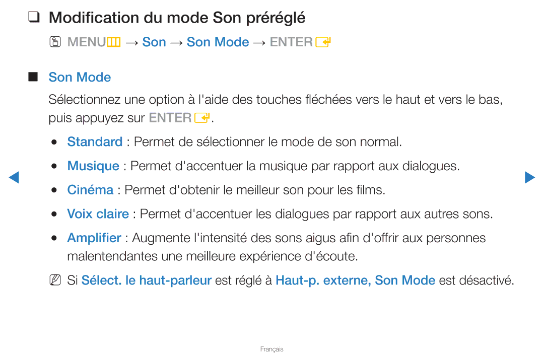 Samsung UN46D8000YFXZA manual Modification du mode Son préréglé, OO MENUm → Son → Son Mode → Entere 