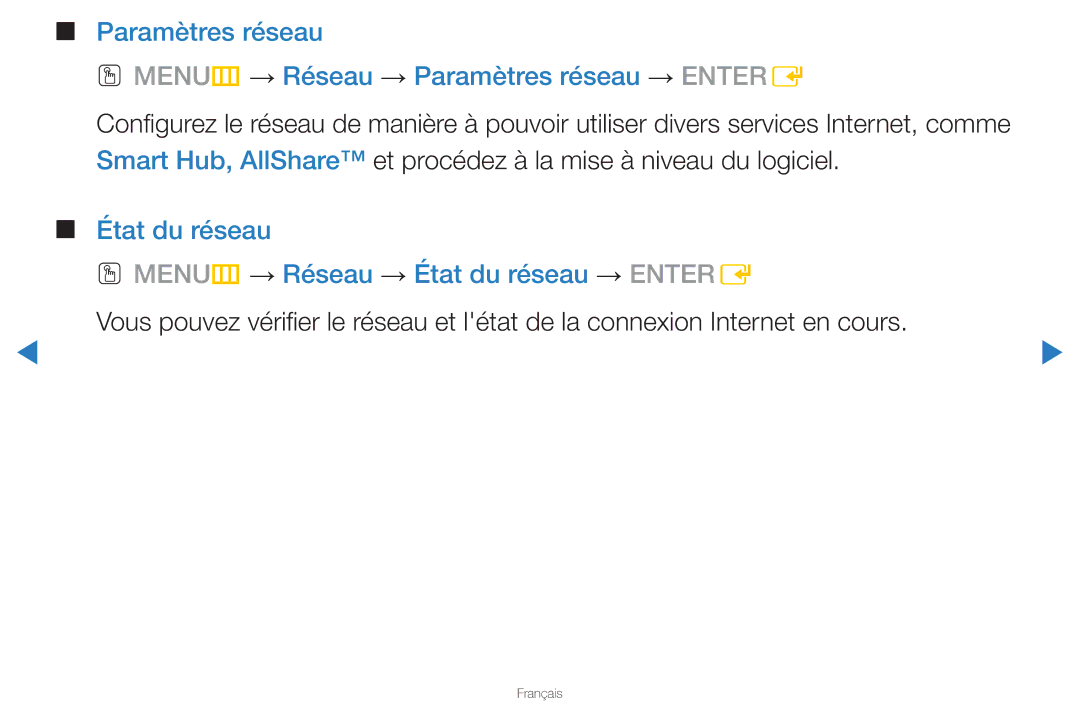Samsung UN46D8000YFXZA manual État du réseau OO MENUm → Réseau → État du réseau → Entere 