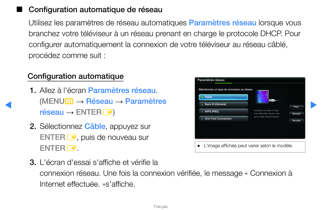 Samsung UN46D8000YFXZA manual MENUm → Réseau → Paramètres réseau → Entere 