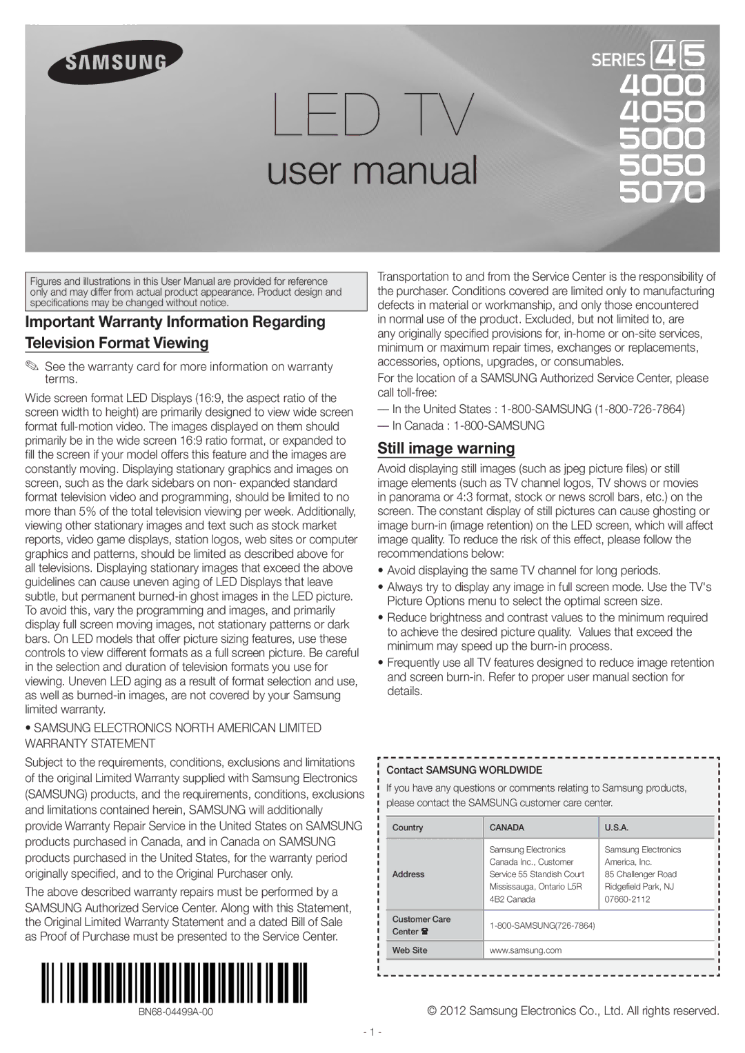 Samsung UN46EH5000 user manual Still image warning, Above described warranty repairs must be performed by a 