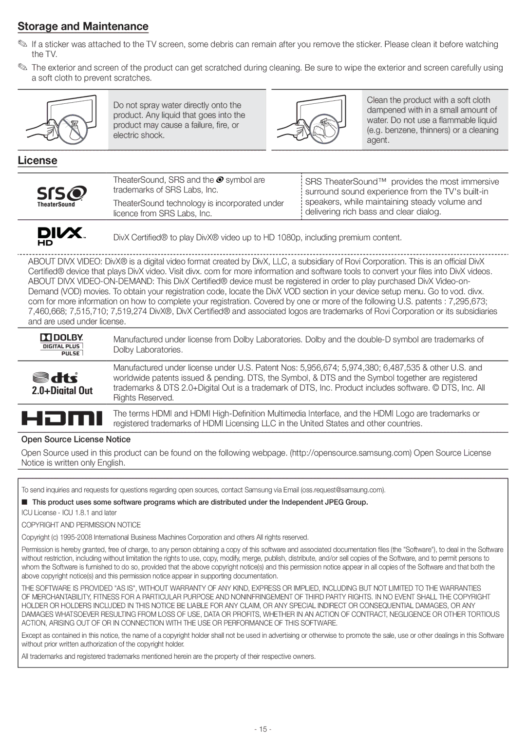 Samsung UN46EH5000 user manual Storage and Maintenance, Open Source License Notice 