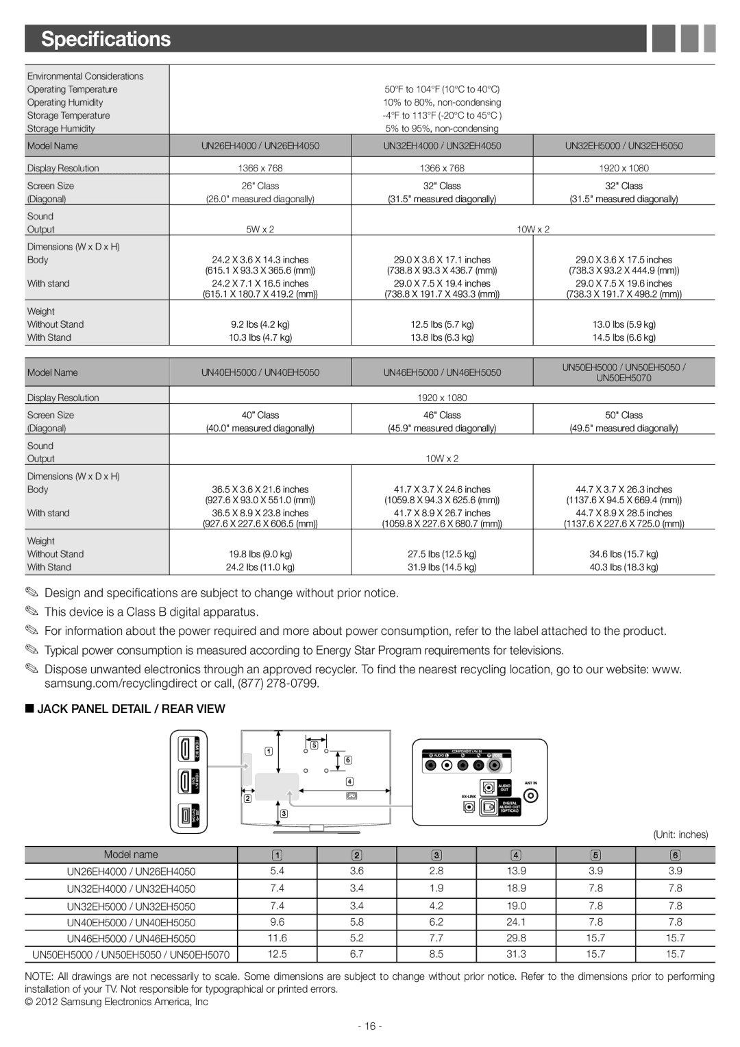 Samsung UN46EH5000 user manual Specifications, Dimensions W x D x H Body 