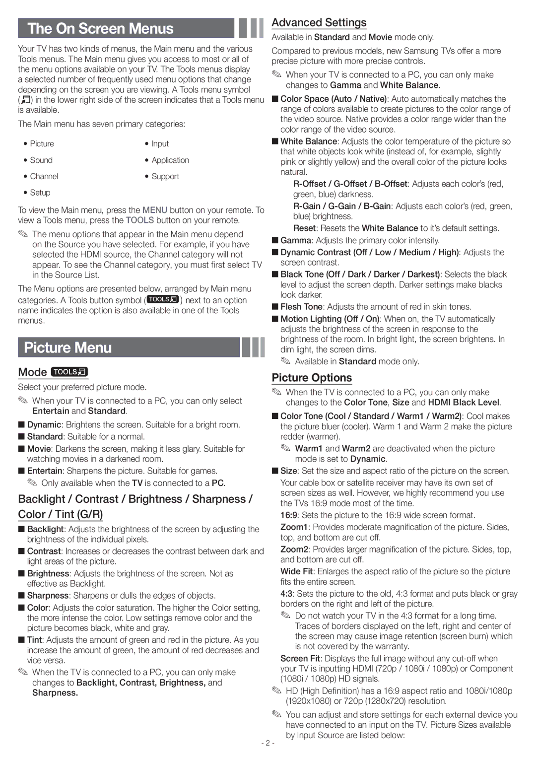 Samsung UN46EH5000 user manual On Screen Menus, Picture Menu, Picture Options 