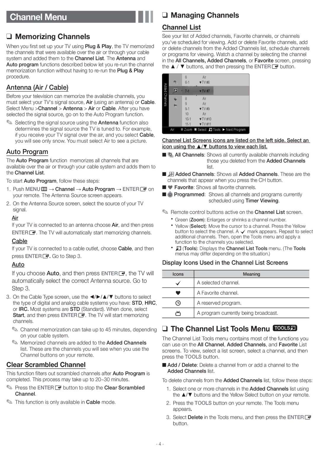 Samsung UN46EH5000 user manual Channel Menu, Memorizing Channels, Managing Channels, Channel List Tools Menu t 