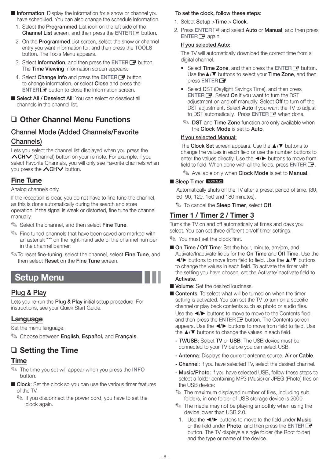 Samsung UN46EH5000 user manual Setup Menu, Other Channel Menu Functions, Setting the Time 